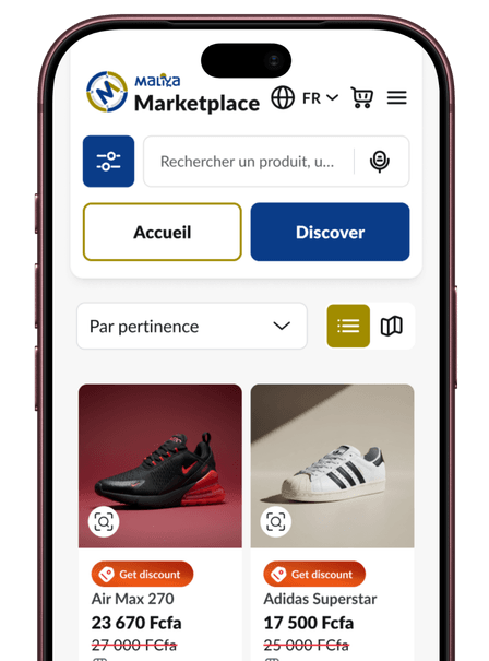The Maliya app showing products from verified merchants, surrounded by product cards and customer ratings.