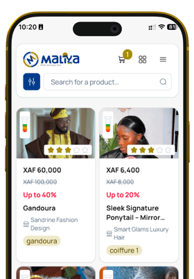 The Maliya app showing products from verified merchants, surrounded by product cards and customer ratings.