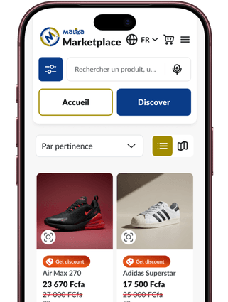 The Maliya app showing products from verified merchants, surrounded by product cards and customer ratings.